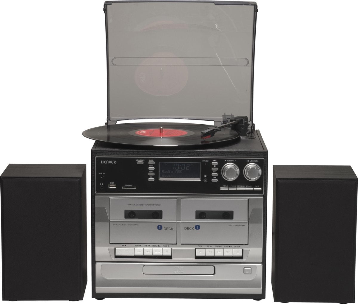 Tourne-disque rétro - Denver -  Avec enceintes - Radio DAB+/FM - Lecteur CD & double cassette - Boîtier bois - USB/SD/AUX