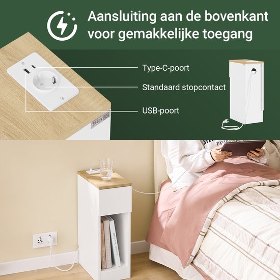 SoBuy 2-piece Slim Nightstand with Charging Station, Narrow Side Table with Standard Socket, USB Port and Type-C Port for Bedroom and Living Room, W20 x D35 x H60 cm, White, FBT111-E-WNx2 (table d'appoint étroite avec prise standard, port USB et port Type
