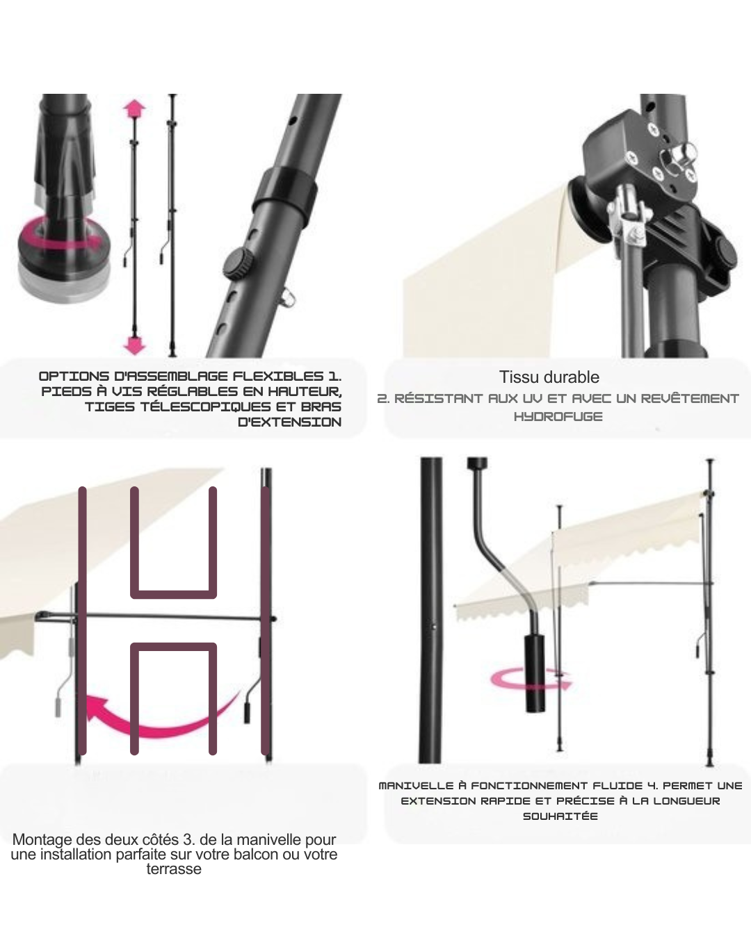 tectake - store à pinces - parasol - réglable - store à pinces - parasol balcon - 200 x 180 cm - beige - store - 404957