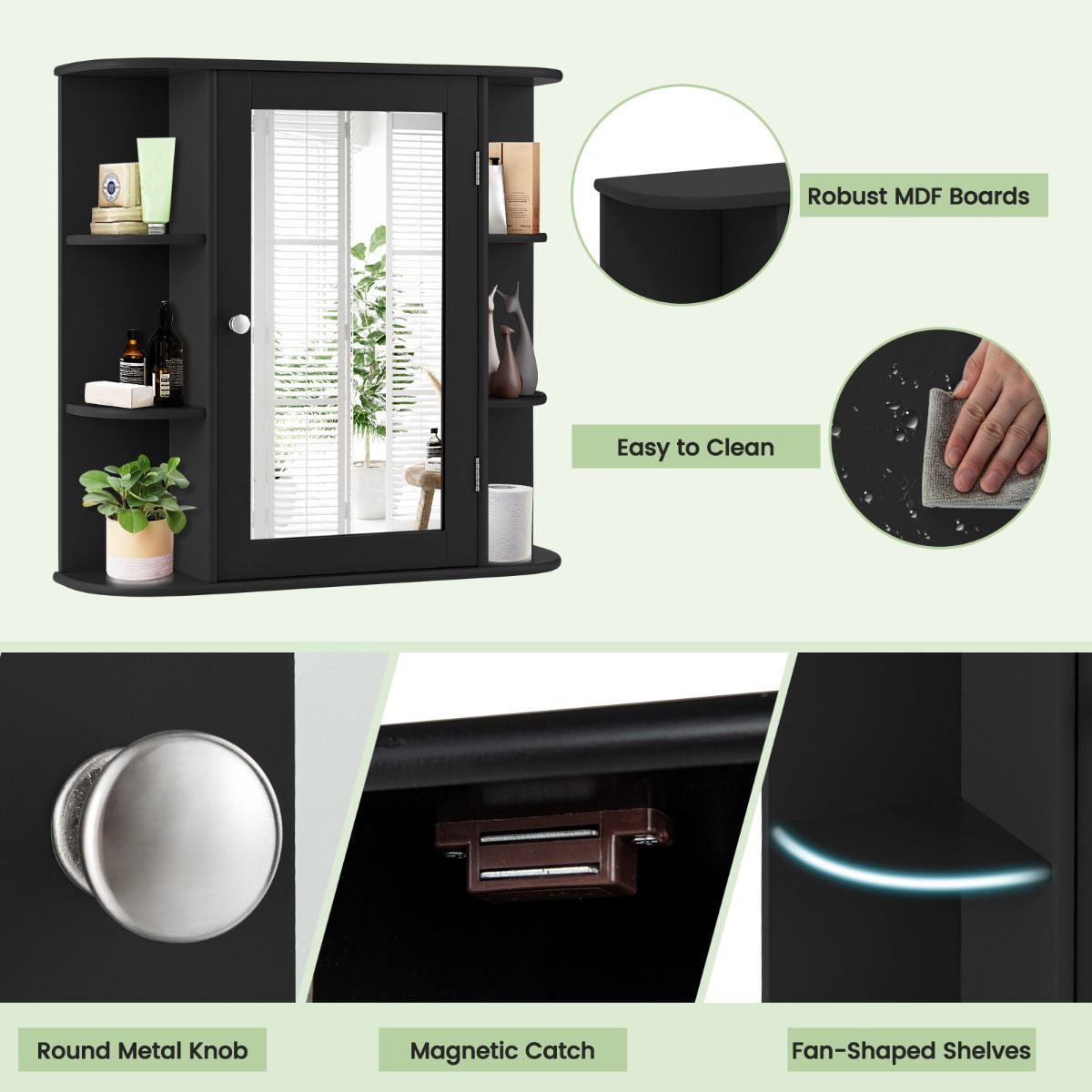 coast Mirror Cabinet Salle de Bain - 66×17×62 cm - Noir - Armoire murale avec porte miroir et étagères ouvertes