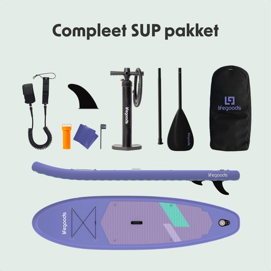 LifeGoods SUP Board All-round Compact - 100 KG Load Capacity - 300 x 76 cm - Inflatable - Complete SUP Package - Purple