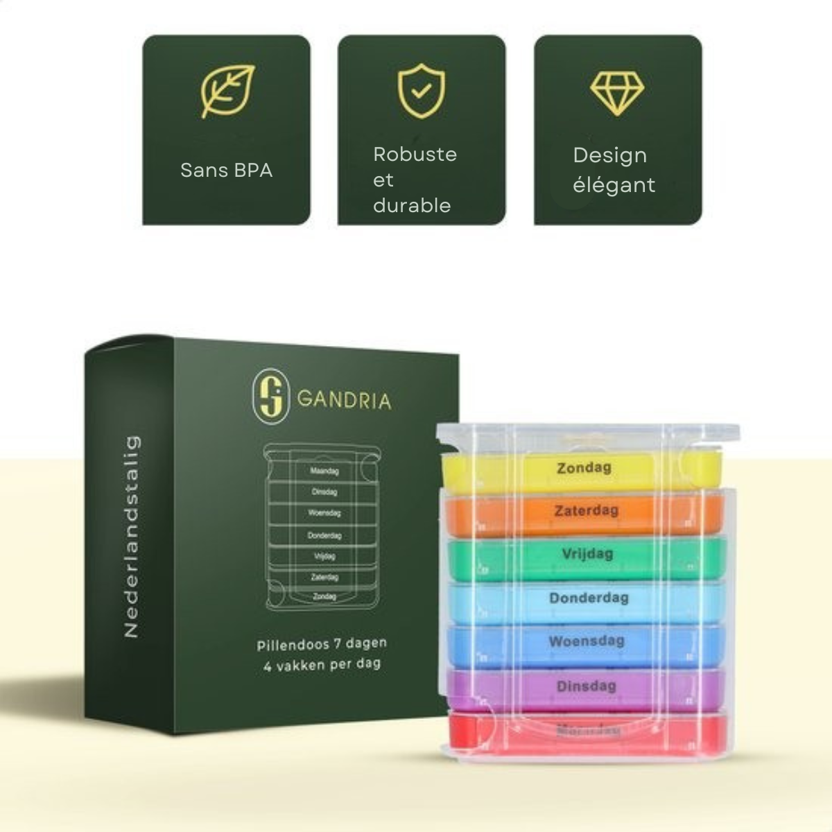 Pilulier 7 jours - Gandria - Pilulier amovible - Boîte à médicaments empilable avec 28 compartiments - Boîte à médicaments avec fermeture solide - 4 compartiments par jour - 7 couleurs