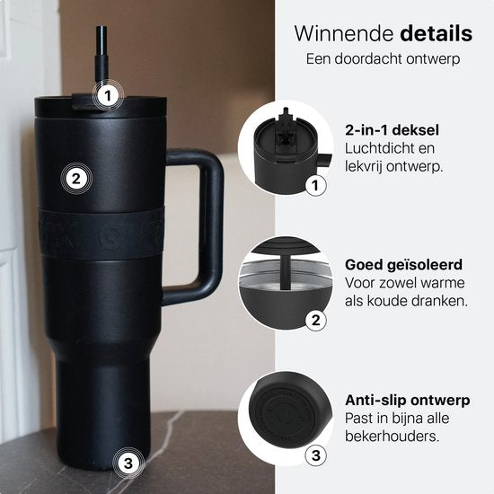ONYX Bouteille à boire avec paille 1 litre - Bouteille d'eau pour enfants et adultes - Mug Thermos Mug de voyage en acier inoxydable - Buveur motivé - Tasse à boire pour l'école - Noir Onyx
