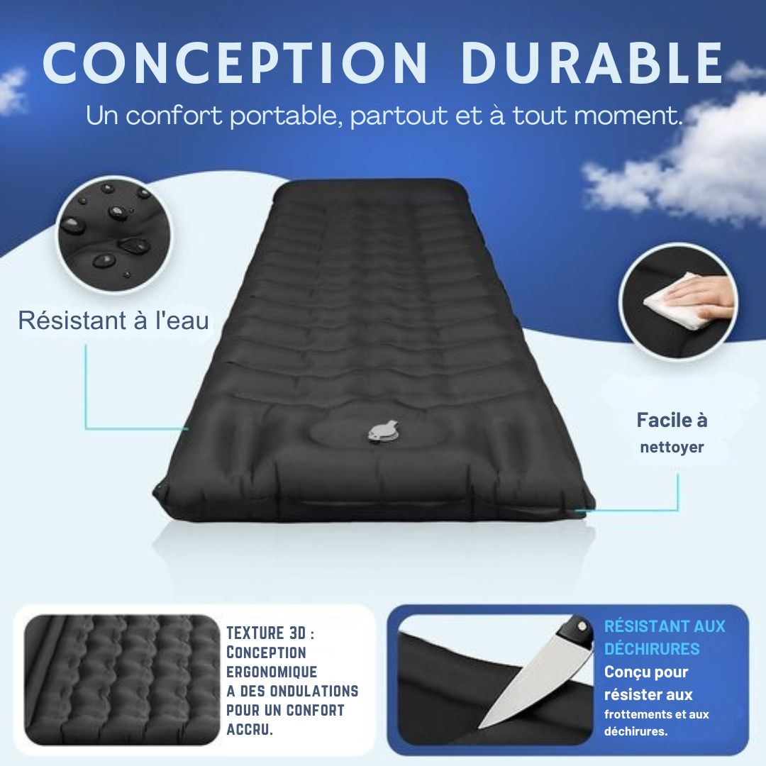 Matelas de couchage 1 personne avec pompe à pied et système click FLOAT- camping - 195x66x12 cm - Noir