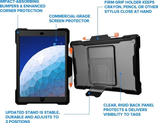 MAXCases Shield Extreme-X Noir avec support pour Pencil / Crayon Apple iPad 8 (2020) / iPad 7 (2019)