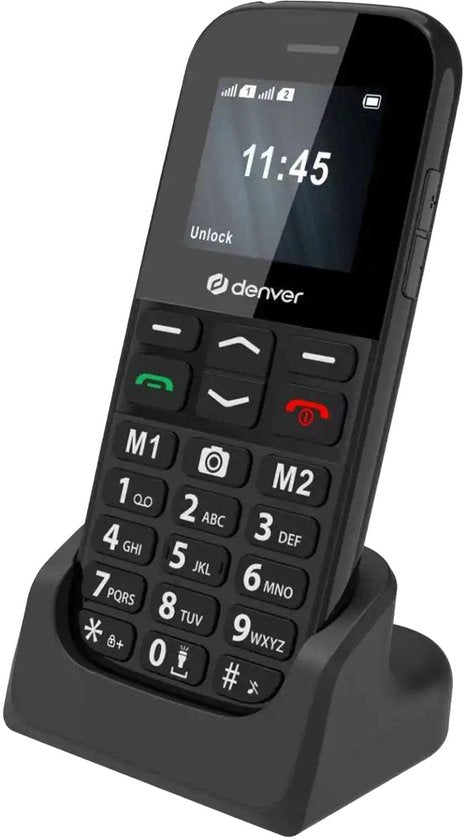 Téléphone portable Denver pour seniors 4G - Grandes touches - Bouton SOS - Grandir sans smartphone - Station de recharge - GSM - Bluetooth - Radio FM - Entièrement en néerlandais et en français - Modèle 2026 - BAS18800L