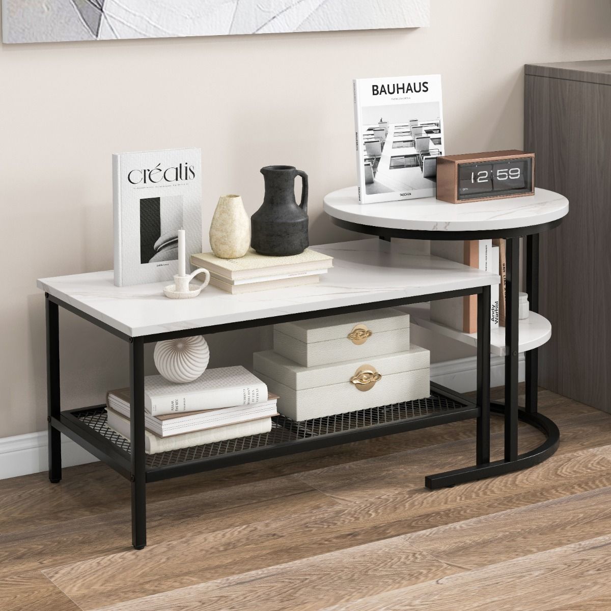 Ensemble de tables d'appoint Coast - table basse et table d'appoint - plateau aspect marbre - noir et blanc
