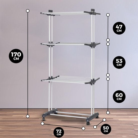 Vonia Étagère à linge - Étagère de séchage - Tour à linge - 3 couches - Pliable - 72x50x172 cm - Blanc