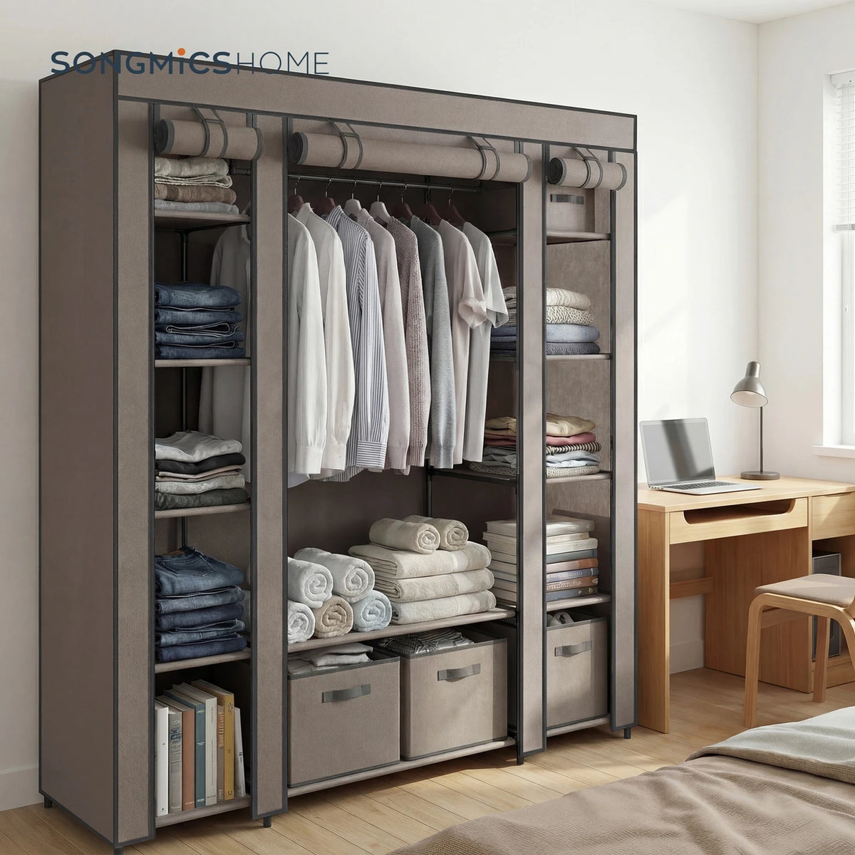 Armoire Ochama, armoire portable pour chambre, penderie avec housse en tissu, rangement pour vêtements, 150 x 45 x 175 cm, taupe