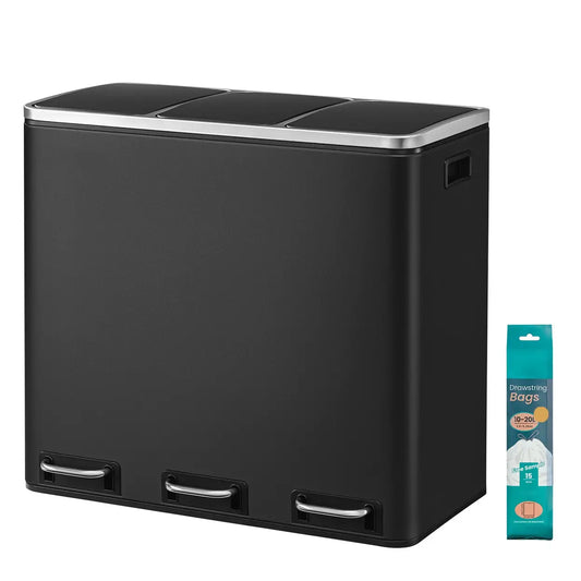 Poubelle à trois compartiments Joyfurnos - Noire - 3 x 18 litres - Couvercles à fermeture douce - Acier - 61 x 31,5 x 55,5 cm