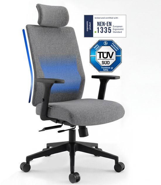 Chaise de bureau ergonomique Backerz - Chaises de bureau pour adultes jusqu'à 160 kg - Chaise de bureau en tissu - NEN-EN1335