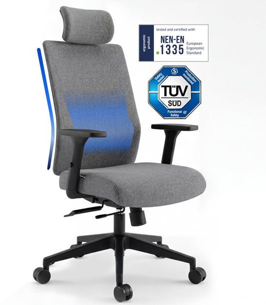 Chaise de bureau ergonomique Backerz - Chaises de bureau pour adultes jusqu'à 160 kg - Chaise de bureau en tissu - NEN-EN1335
