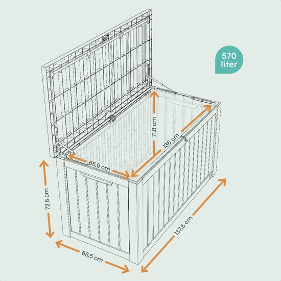 LifeGoods Boîte de rangement - 570L - Boîte à coussins - Imperméable - Boîte à coussins de jardin - Inox - Boîte de jardin - 137.5x66.5x72.8 cm - Gris