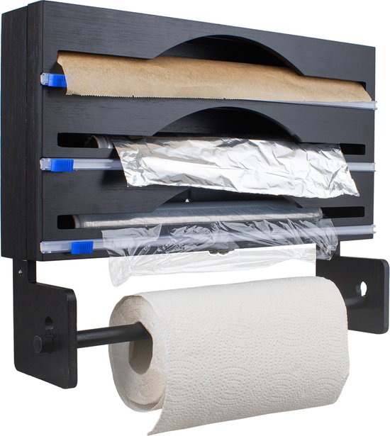 Nimma Roll Holder - Porte-rouleau de cuisine et porte-feuille en 1 - Système de suspension et coupe-feuille inclus - Convient pour 3 rouleaux de papier d'aluminium - Bambou - Noir