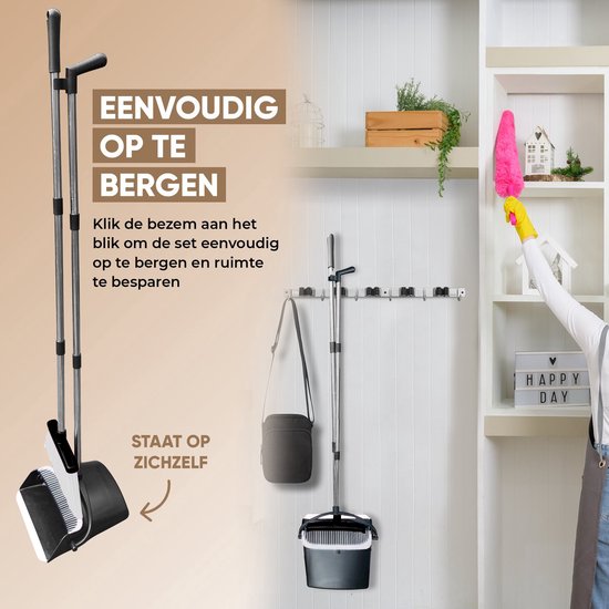 TTD® Pelle et brosse avec long manche XXL - réglable 54-263 cm - Balai - manche de balai - gris et noir - Pelle et brosse - Pelle pour l'intérieur et l'extérieur - Dents de nettoyage intégrées