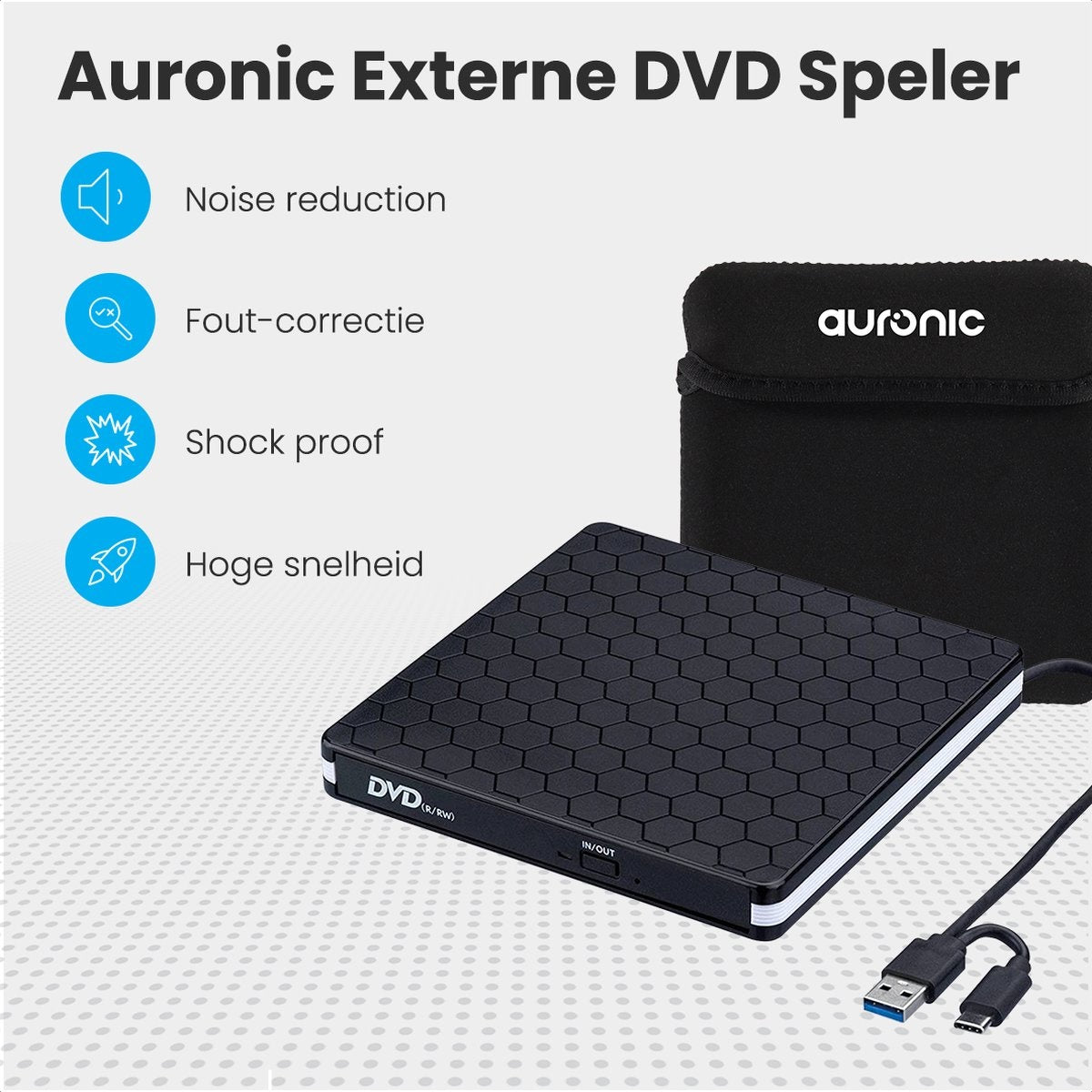 Auronic Lecteur DVD externe - Pour ordinateur portable et graveur - USB 3.0 ou USB C - Windows, MacOS & Linux - Livré avec housse et câble