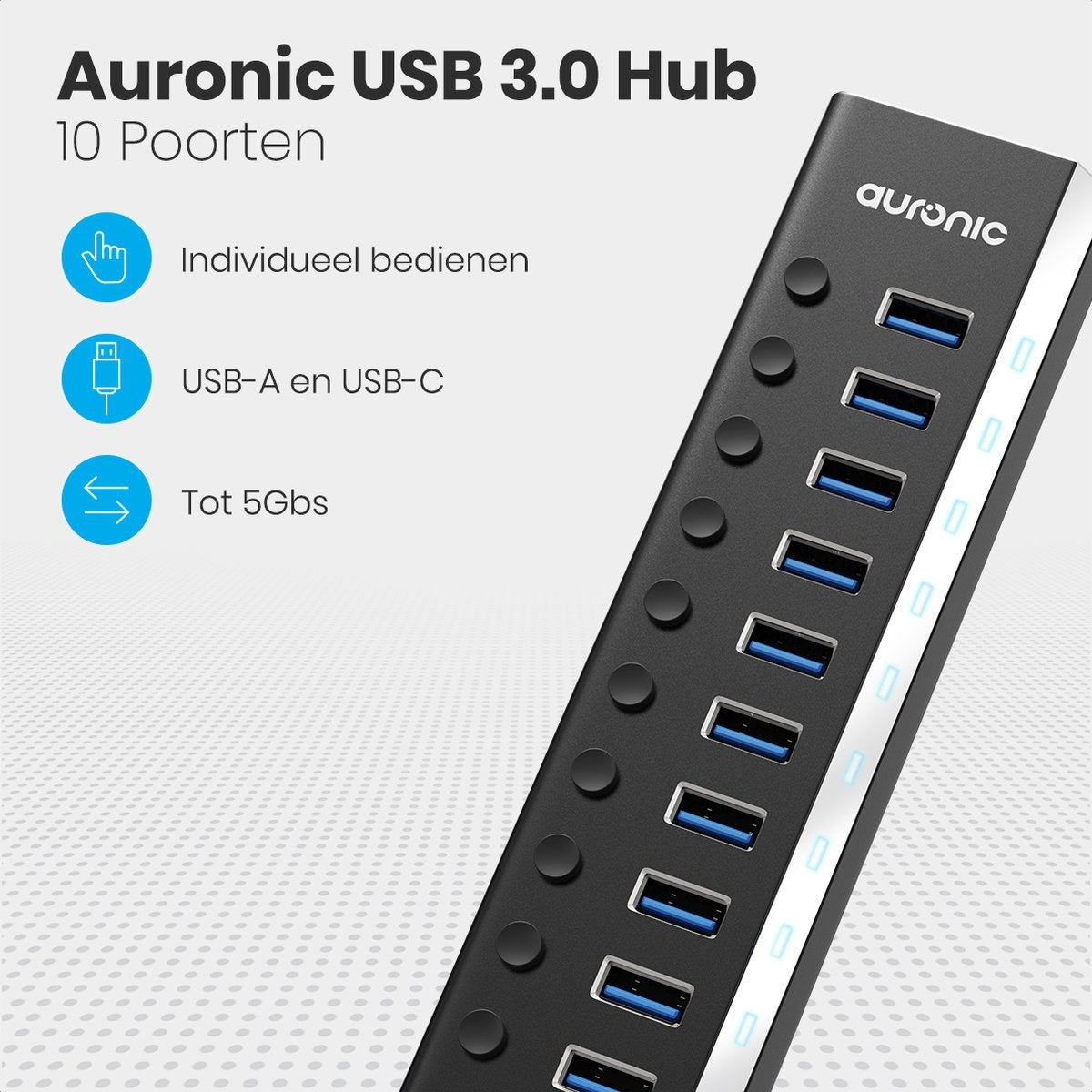 Auronic USB Hub 3.0 - Répartiteur USB avec 10 ports - avec alimentation - 5 GBP - Indication Led - Noir