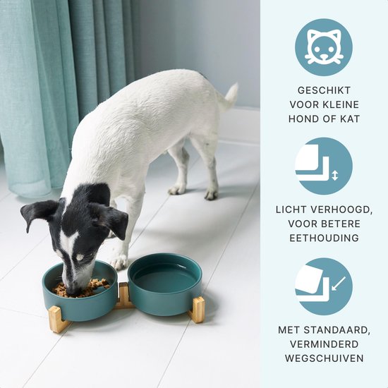 Gamelle pour chat et chien en céramique - Gamelles doubles avec support - Abreuvoir - 2x 400 mL - Vert mat