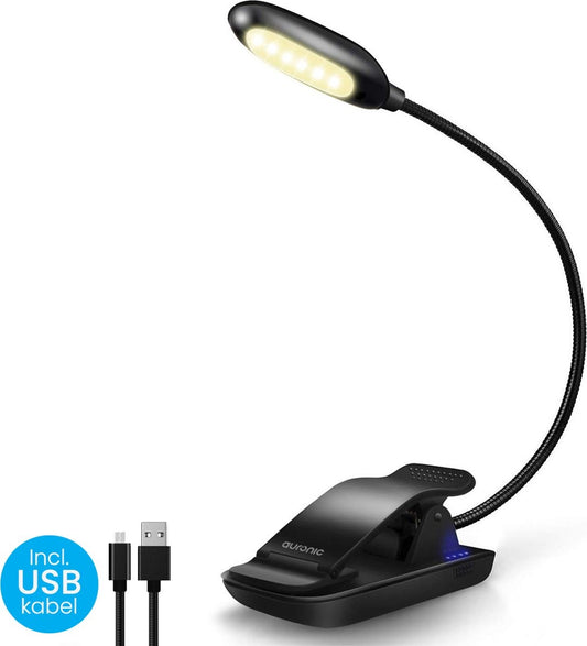 Auronic Liseuse de livre - Liseuse rechargeable par USB avec pince - Sans fil - Dimmable - Ajustable - Flexible - Noir