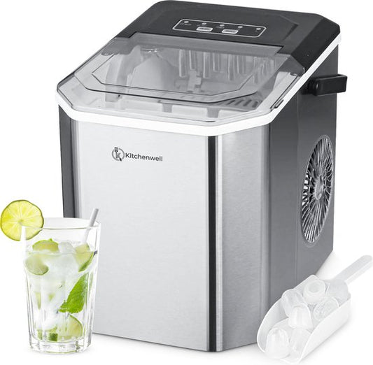 Kitchenwell Machine à glaçons - 1.3L - Machine à glaçons - Cuillère à glaçons - 12kg/24 heures - Portable - Fonction auto-nettoyante - acier inoxydable
