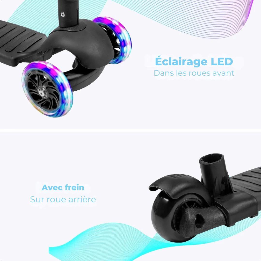 Scooter pour enfants avec barre de poussée - LifeGoods MultiRider - 3 -8 ans - Garçons/Filles - 3 roues lumineuses - Noir
