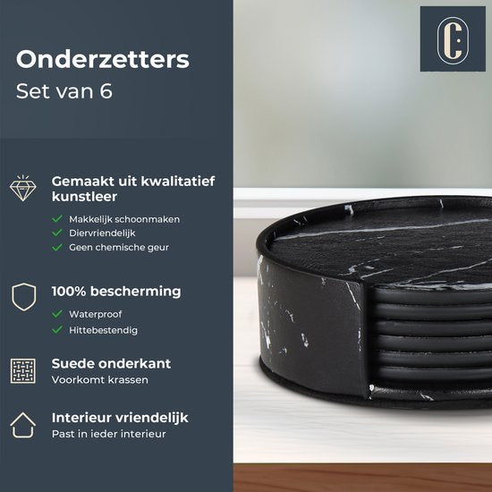 Castagnola Sous-verres en simili-cuir - Sous-verres pour verres - Sous-verres design avec support - Sous-verres en cuir - Cuir - Lot de 6 - Aspect marbré - Noir/Blanc