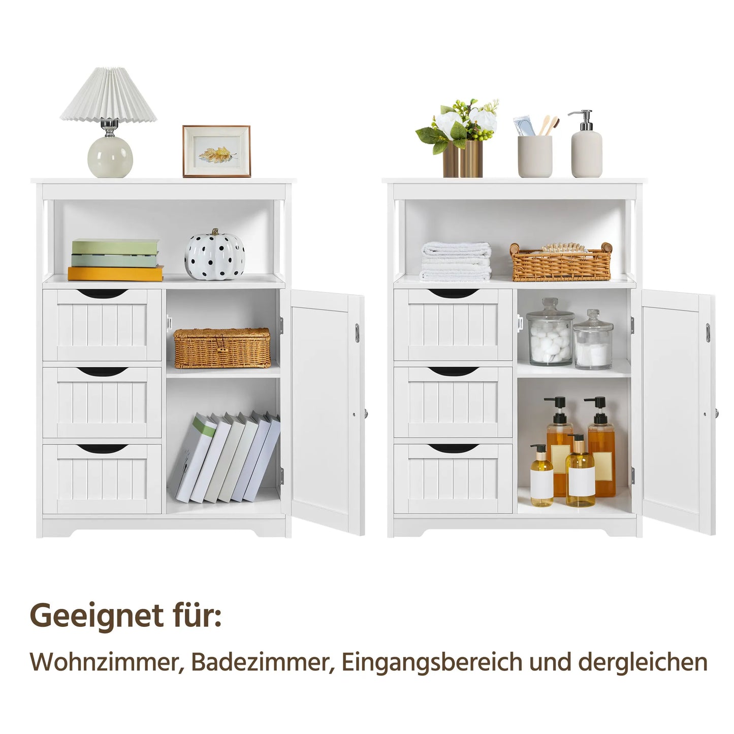 Yaheetech Armoire de salle de bain avec 3 tiroirs - Comprend une étagère réglable et un rangement ouvert ainsi que des accessoires en métal - Pour la salle de bain, le salon et la chambre - Mdf blanc et métal - 66 x 35 x 90 cm