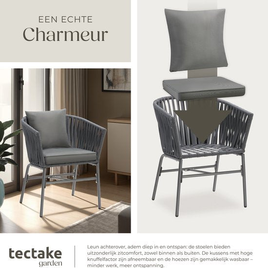 tectake® Chaise de jardin, lot de 2, chaise d'extérieur en métal, chaise de patio avec accoudoirs, chaise longue, fauteuil de jardin, mobilier de jardin, mobilier de balcon, set de jardin lounge, coussins déperlants, pieds réglables
