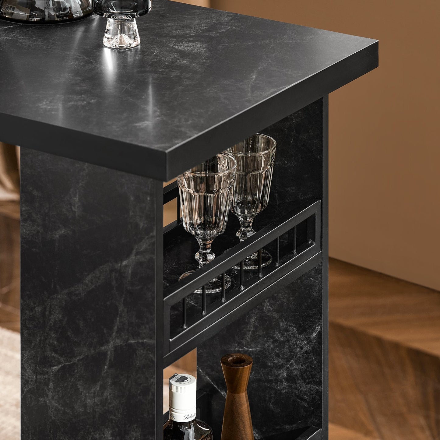SoBuy Table de bar moderne - avec porte-bouteilles et porte-verres - 120x50x105 cm - noir