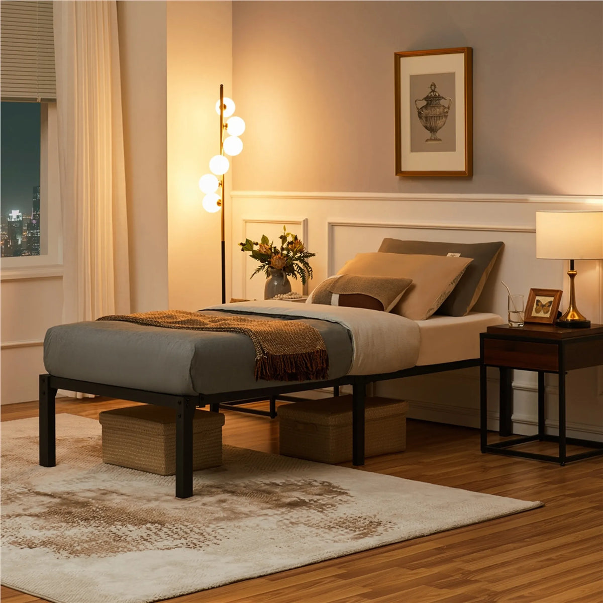 Cadre de lit en métal 90 × 200 cm avec sommier à lattes et espace de rangement de 37,5 cm, noir
