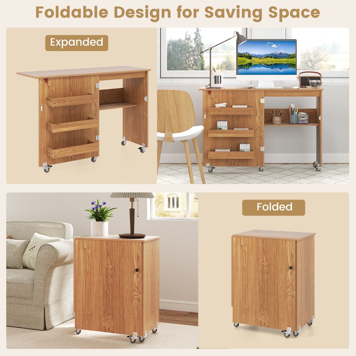 Table de couture pliable Coast - Station de loisirs créatifs mobile avec étagère de rangement - Trois bacs de rangement dissimulés - Couleur naturelle - 118,5 x 40 x 79,5 cm