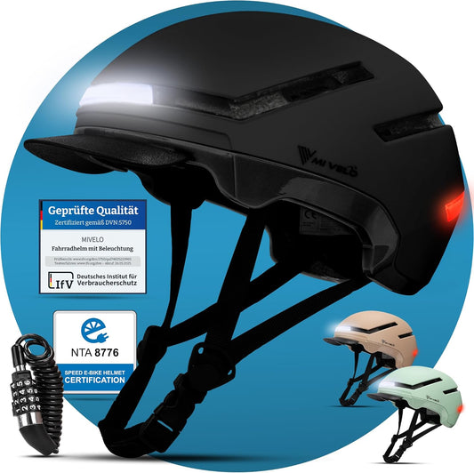 Mivelo Casque de vélo unisexe NOVA - Avec lumière - Certifié NTA jusqu'à 45km/h - Noir - Taille M (54-58 cm)