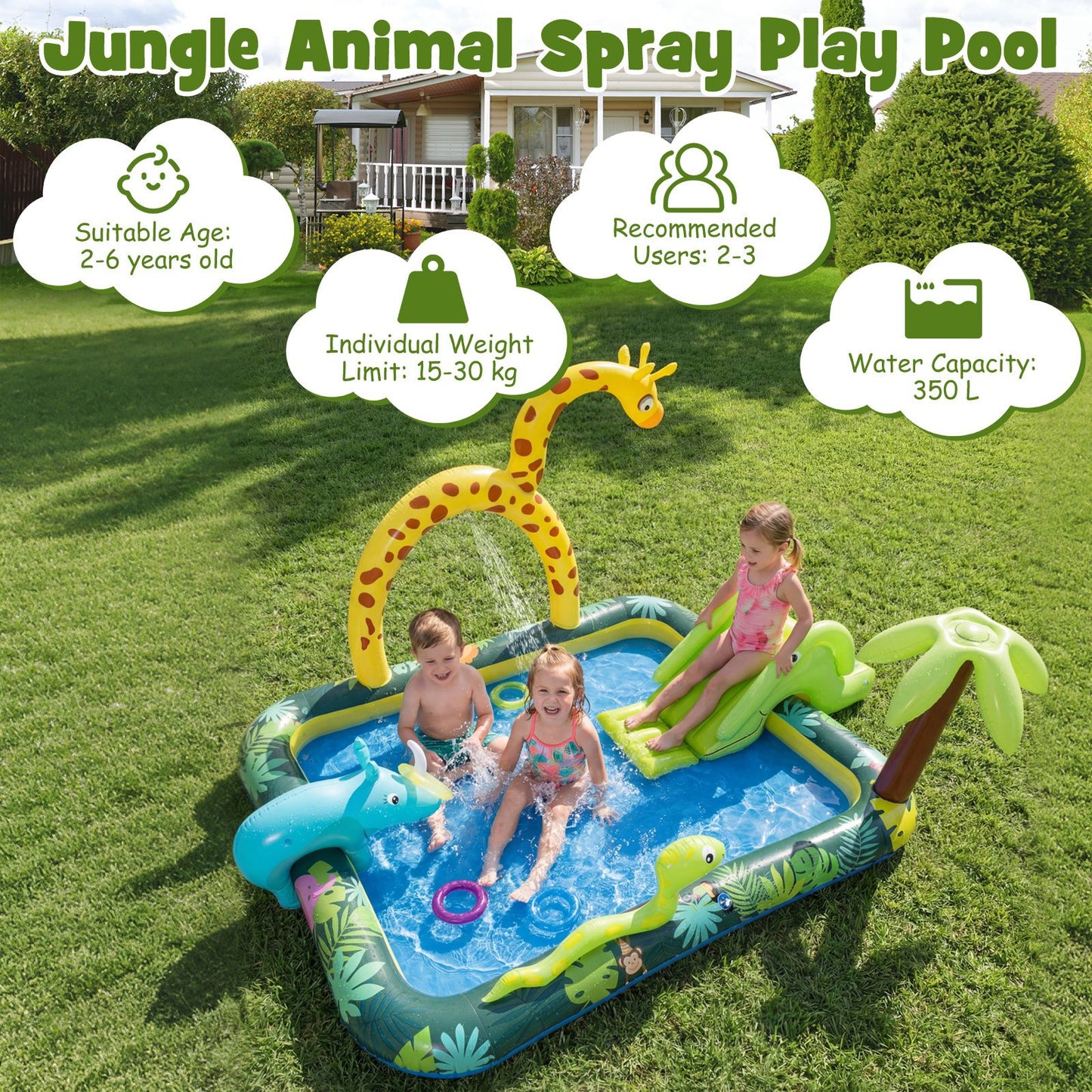 Piscine gonflable Coast « Animaux de la jungle » avec toboggan et arroseur - Jeu de lancer d'anneaux et centre de jeux aquatiques pour enfants - 208 x 178 x 138 cm - Multicolore
