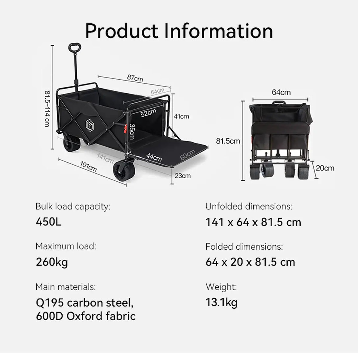Chariot tout-terrain Ochama 150 L - Hayon arrière - Capacité de charge jusqu'à 260 kg