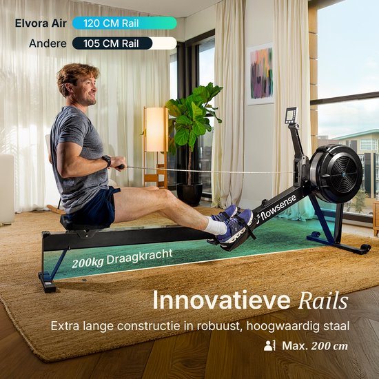 Rameur Flowsense à résistance pneumatique – Rameur professionnel – 10 niveaux de résistance – Pliable – Entraînement complet du corps – Application Bluetooth et écran LCD – Poids max. 200 kg – Rameurs – Pour la maison et la salle de sport
