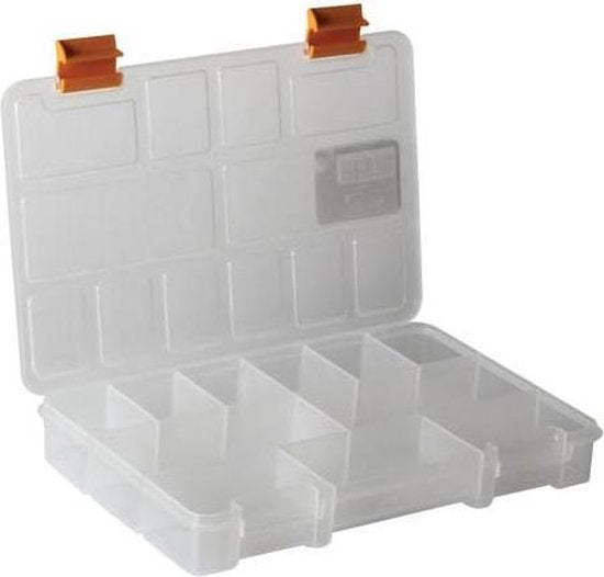 Boîte d'assortiment Perel, 21 compartiments fixes, empilable, 276 x 203 x 42 mm, transparent/jaune