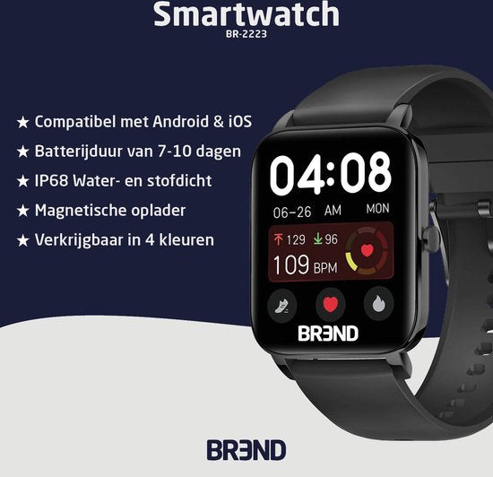 BREND Smartwatch pour femmes et hommes - podomètre, tensiomètre et cardiofréquencemètre - montre de sport - étanche - noir