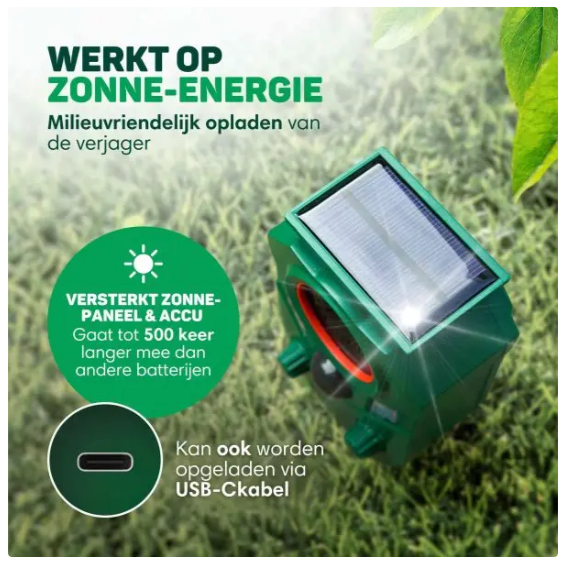 Vulpes Goods® - Cat Dispatcher Premium - 5 x 9 x 14 cm - 5 modes de fonctionnement, capteur PIR, flashs LED et énergie solaire - pour le jardin et le balcon - plastique vert