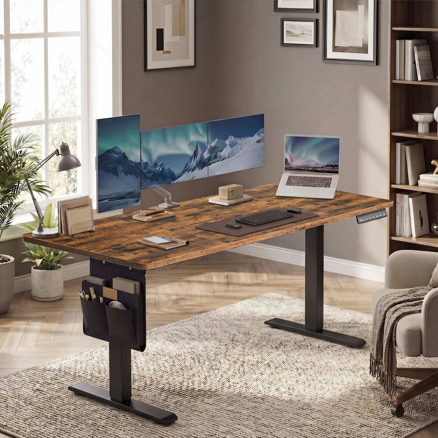Bureau électrique réglable JOYFURNOS 180 x 80 cm - 72-120 cm - Marron vintage et noir - Fonction mémoire - 70 kg