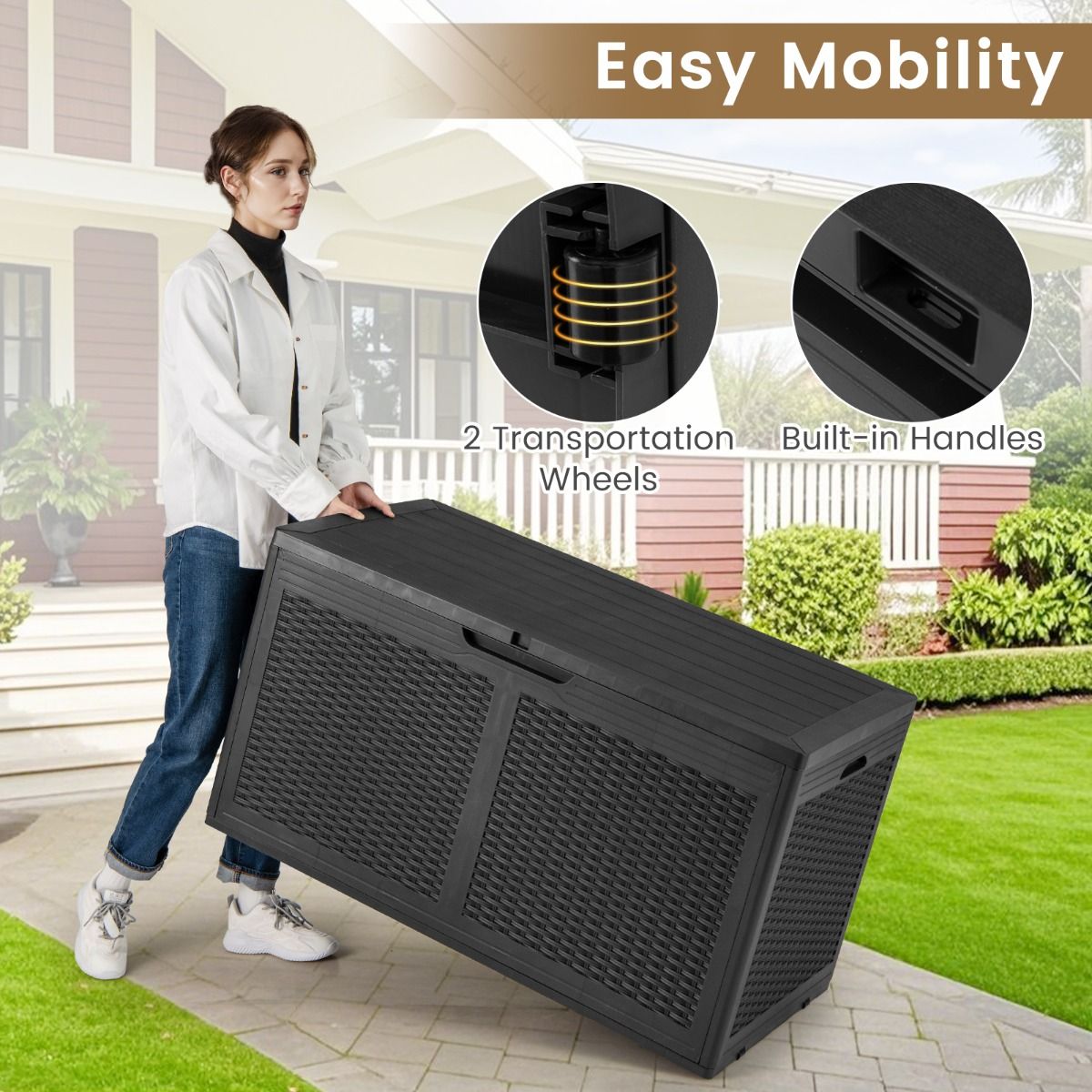 Coast Coffre de jardin à roulettes - coffre de rangement étanche - banc - noir - 380 litres