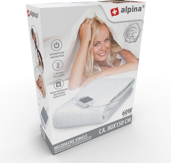 Couverture électrique - Alpina - Couverture chauffante - 3 niveaux - lavable - 1 personne - 150x80cm