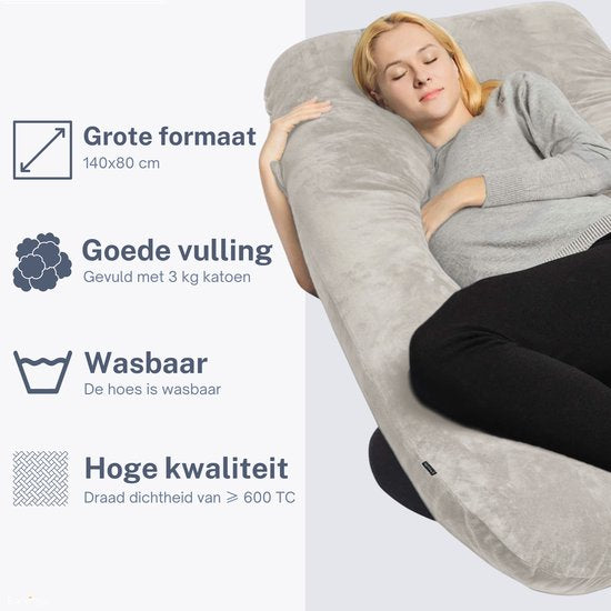 Earkings Pregnancy Sleep Pillow 140x80cm U-shape with Removable Cover - Body Pillow light grey