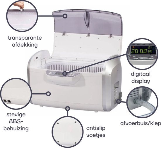 Perel Nettoyeur à ultrasons 6 L - Fonction dégazage - Vanne de vidange - Minuterie et température réglables - Panier amovible et porte-montre - Usage professionnel - 310 W, 35 kHz - Blanc