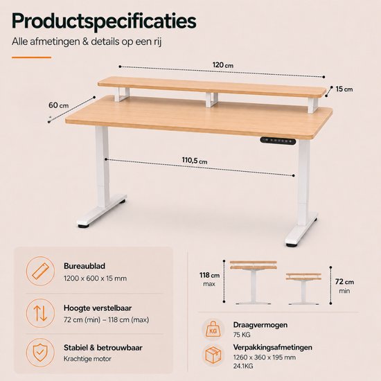 Bureau assis-debout Organess - Réglable électriquement - 120 x 60 cm avec rehausse - Fonction mémoire - Système anti-collision - Hauteur réglable