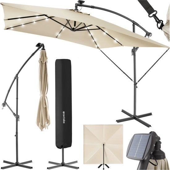 tectake® - Parasol 250cm avec éclairage solaire Led - Parasols - Parasol flottant - Energie solaire - Panneau solaire inclus - Eclairage de jardin - beige