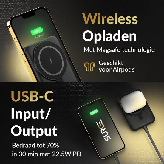 Surge Wireless Powerbank 10000mAh - compatible Magsafe - Chargeur rapide 22,5W - Convient à l'iPhone 12, 13, 14, 15, 16