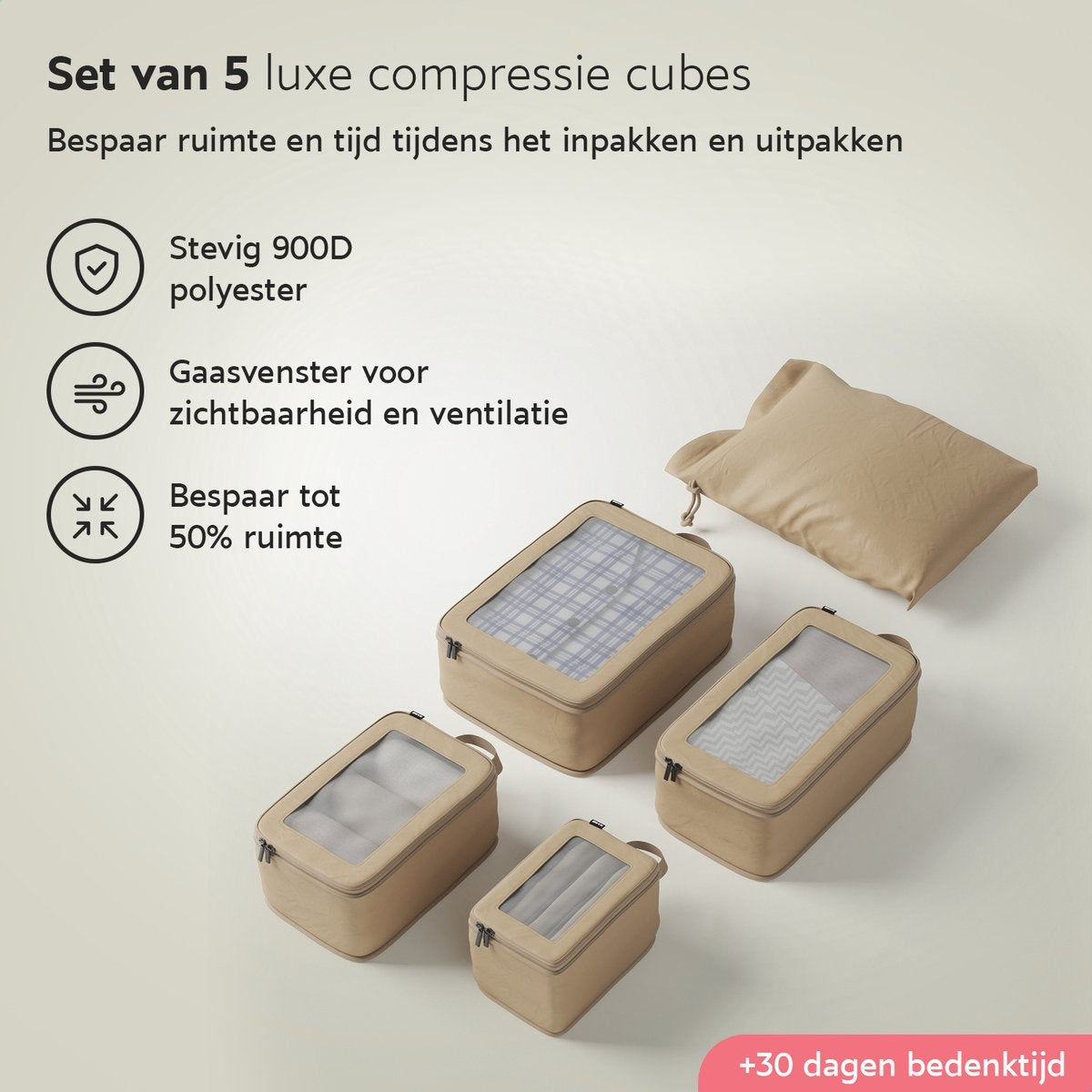 Cubes de Compression ONYX - 5 pièces - Set d'organiseurs de valise - Fermeture à glissière de compression - Pour valises et sacs - Compression de bagages & sac à dos - Beige
