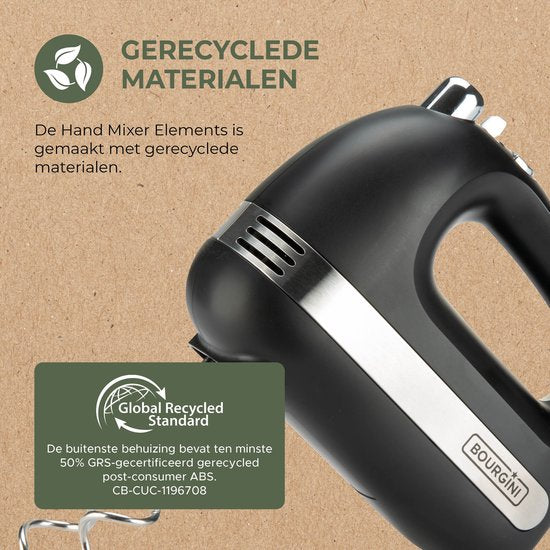 Bourgini Elements - Batteur à main - 5 vitesses avec fonction Turbo - Accessoires en acier inoxydable - Puissance de 400 W - Matériaux recyclés certifiés GRS