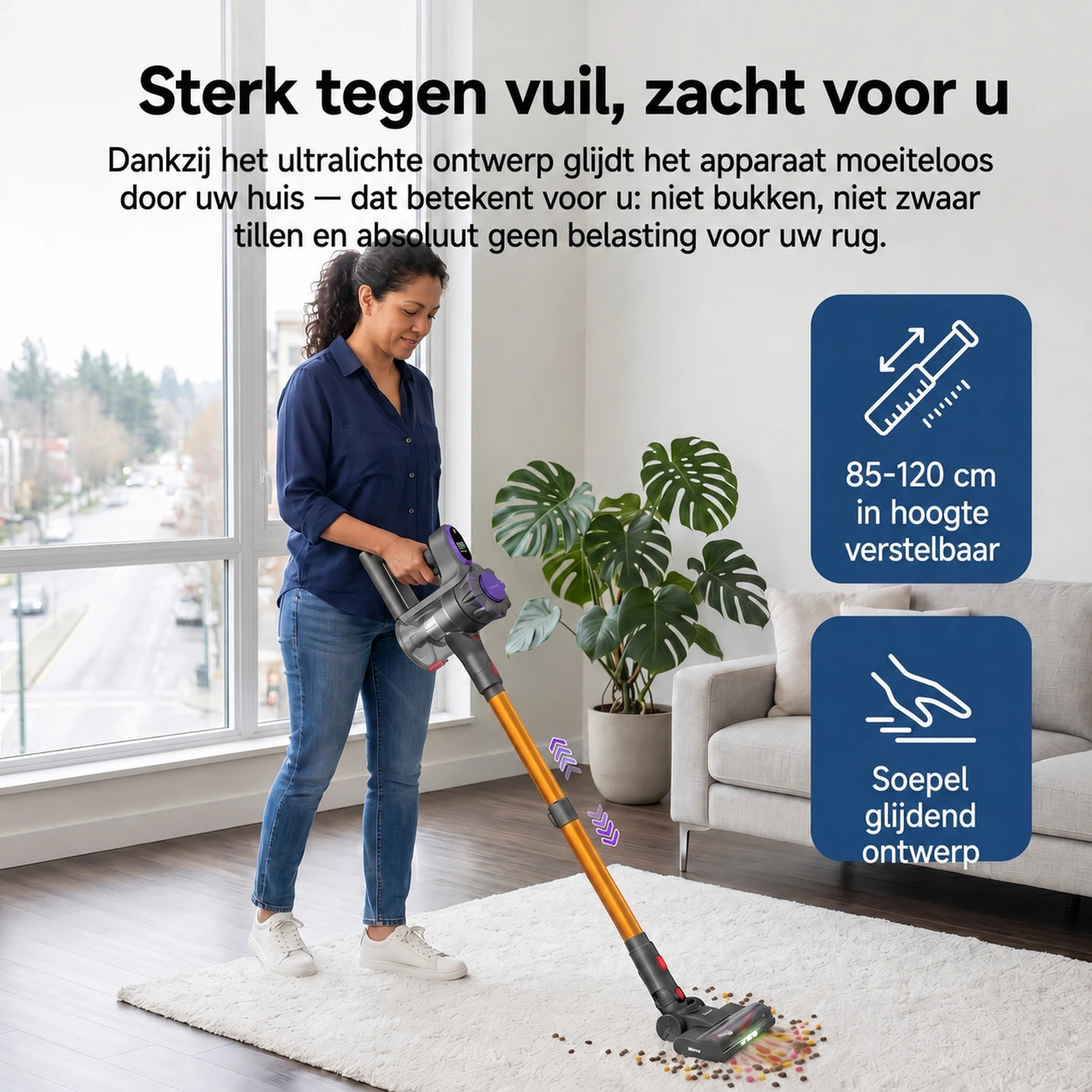 Aspirateur balai sans fil Monsga ME03 - 550 W - 55 kPa - Autonomie de 55 min - 1,2 kg - Brosse anti-enchevêtrement - Batterie amovible - Voyant lumineux vert