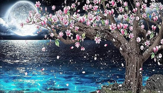 Rubye® Peinture au diamant adultes - Peinture au diamant enfants - Peinture au diamant paquet complet - Pleine lune et fleurs - 70x40cm